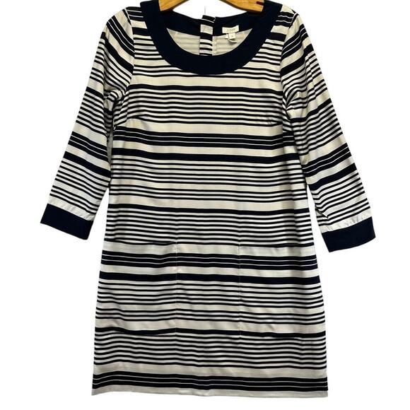 J Crew 100% Silk Black Cream Striped Sheath Dress LS Size 2 Gold Zipper Pockets - Picture 1 of 12